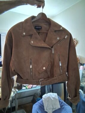 Lamarque Brown Suede Moto Jacket with Belt